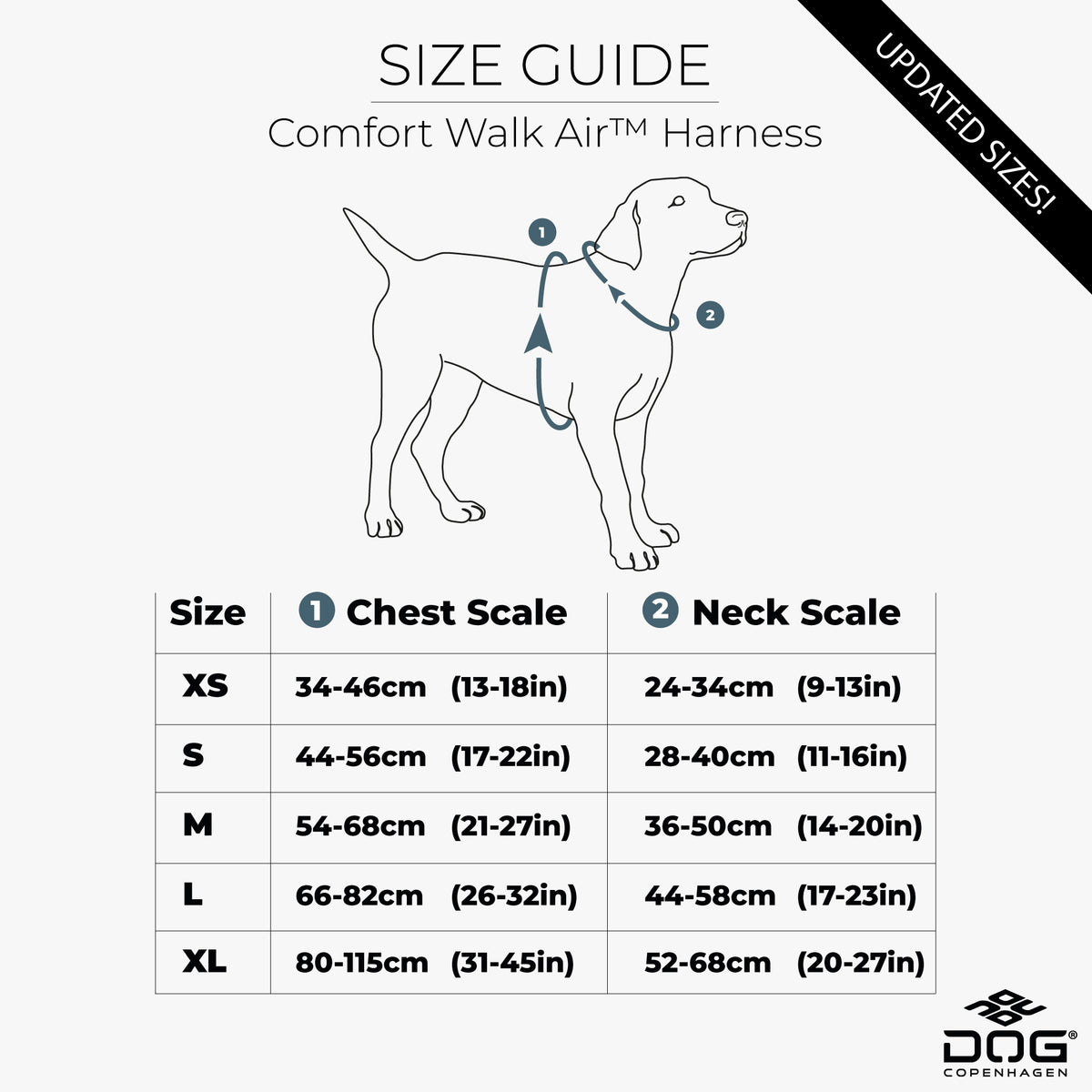 Guía de tallas Arnés DOG Copenhagen Comfort Walk Air™ V3 - Amarillo